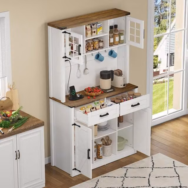 Aosom UK Tall Kitchen Pantry and Bar Cabinet with Glass Doors, Internal Drawers and Integrated LED Lighting, Brown and White, W/D/H: 40 x 40 x 172 cm – 1