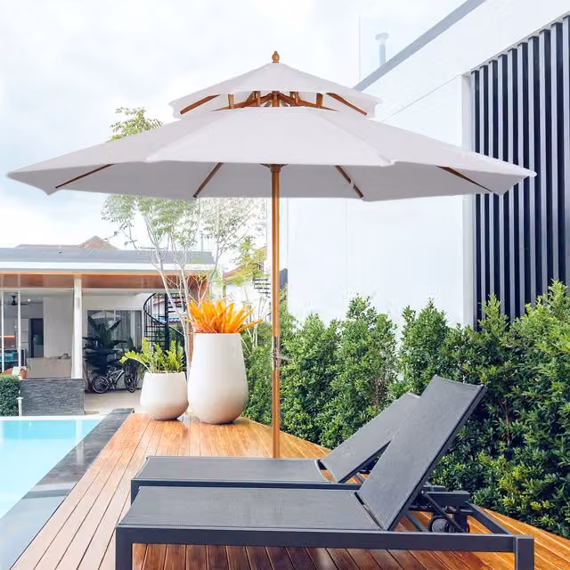 Outsunny 2.7m Double Tier Bamboo Wooden Parasol with Polyester Canopy in White