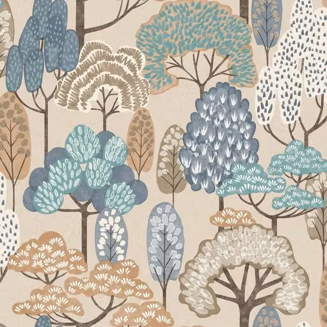 Grandeco Happy Trees Brushstroke Nursery Textured Wallpaper in Blue, Green, Beige and Multicolour