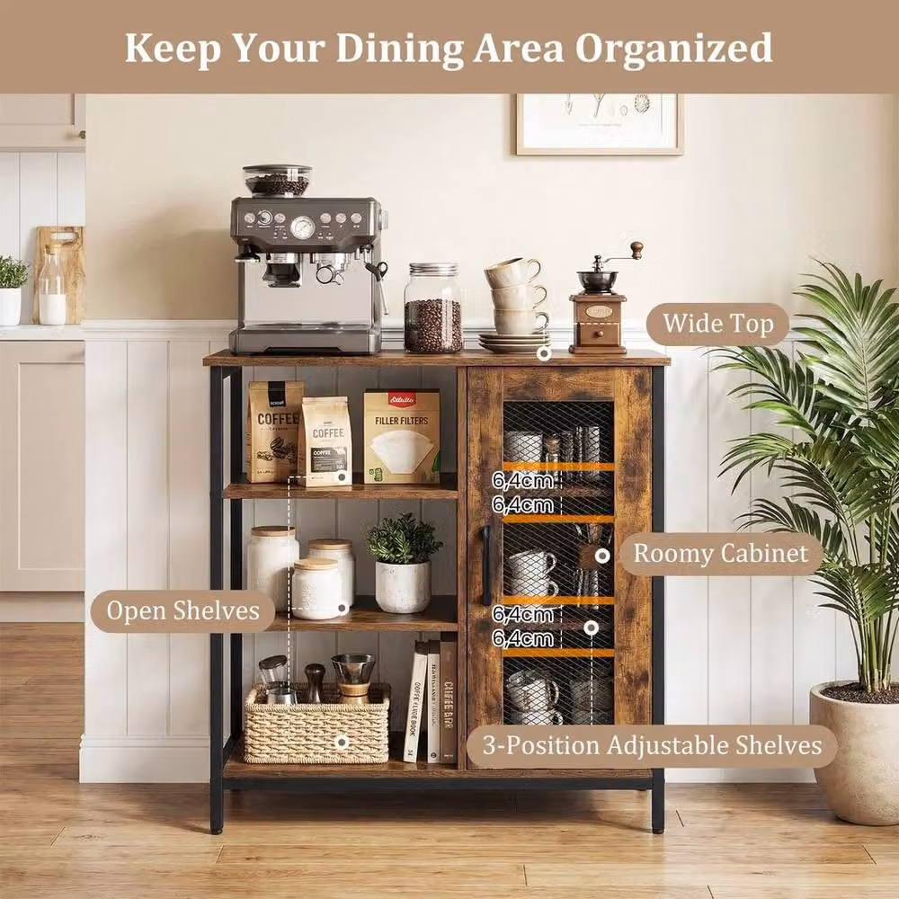 KORVIXA Industrial Home Bar Cabinet and Coffee Station in Brown with Glass Soft-Close Doors – 4