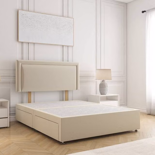 BSSPOKE Ella Super King Plush Velvet Divan Bed with 24 inch Headboard and 4 Drawers in Beige