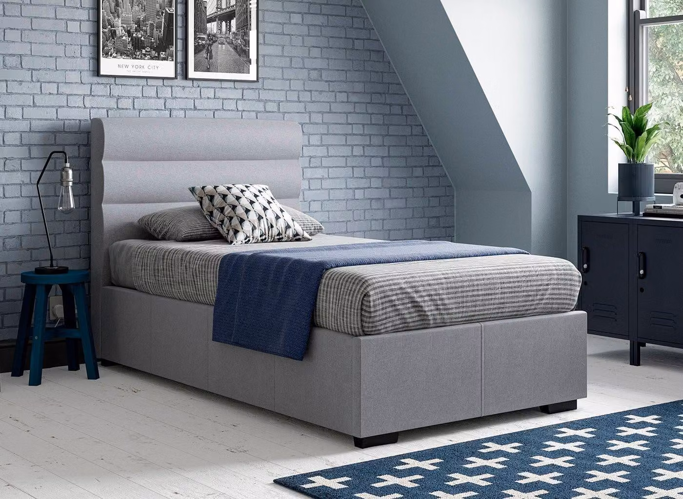 Dreams Dawson Single Ottoman Sound System Bed in Grey Fabric, W/D/H: 90 x 190 cm