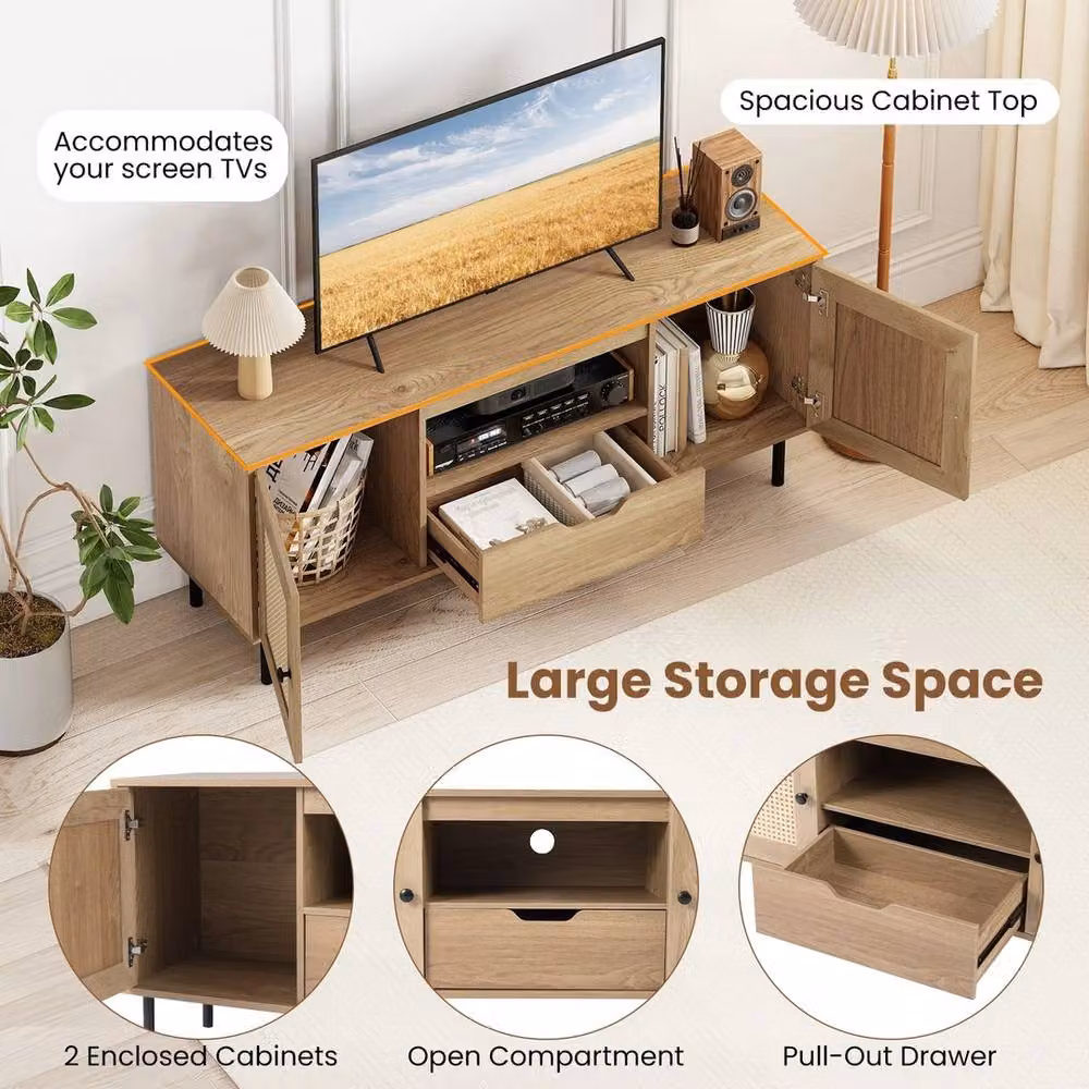 FORGEVIO Boho Rattan TV Stand in Brown for 60 Inch TVs with Media Compartments and Drawer, W/D/H: 149.8 x 96.5 x 38.0 cm – 2