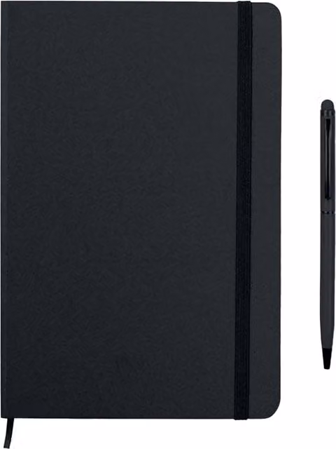 MidOcean Neilo Set Black Hardcover A5 Lined Notebook and Pen with Bookmark and Elastic Closure