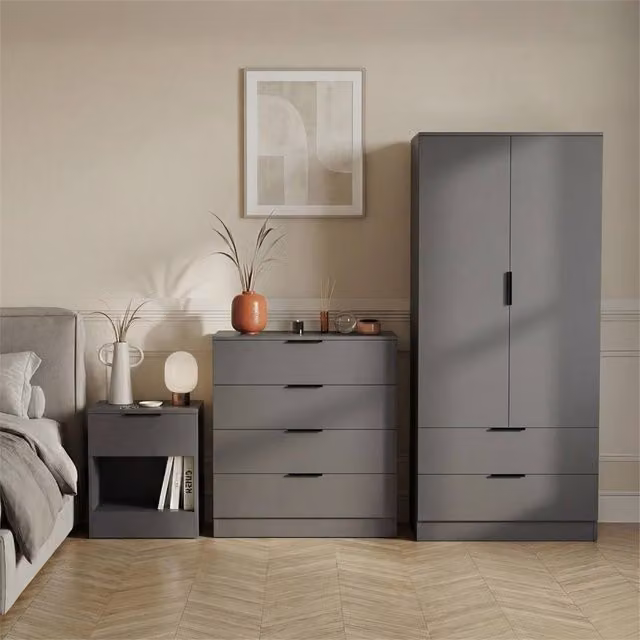 FORGEVIO 3 Piece Modern Trega Bedroom Furniture Set in Grey with Solid Wood Design