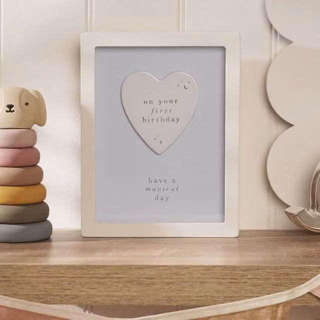 Bambino by Juliana 1st Birthday Heart Shaped Framed Plaque in Light Blue and White