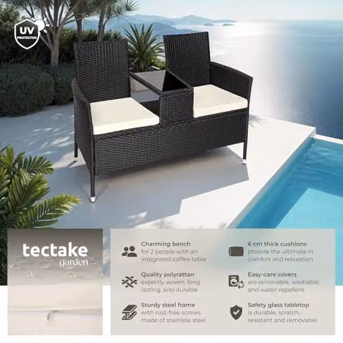 tectake Outdoor Bench with Integrated Table and Cushions in Black and Beige, W/D/H: 133 x 63 x 84 cm – 2