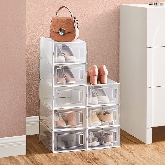SONGMICS Stackable Transparent White Shoe Storage Boxes, W: 33.3 cm, H: 14 cm, D: 14 cm
