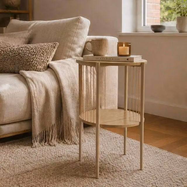 Home Source Tuxford Round Two Tier Wooden Side Table with Storage Shelf in Light Oak, W/D/H: 40 x 40 x 65 cm