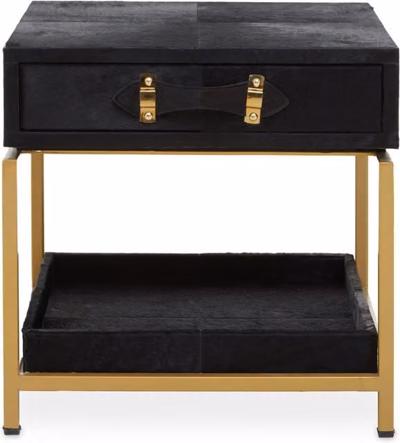 Orsina Black Hair On Hide Bedside Table with Gold Frame