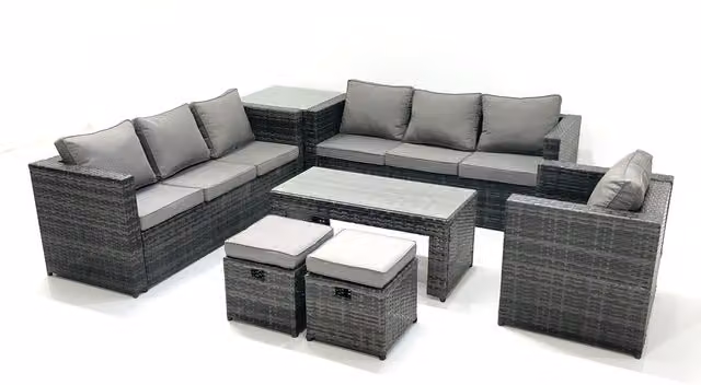 Fimous 9-Seater Grey Rattan Garden Set with U-Shape Sofa, Coffee Table and Ottoman