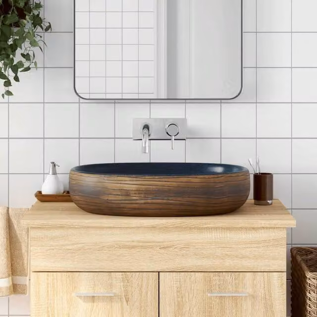 Berkfield Home Oval Ceramic Countertop Basin in Brown and Blue, W: 59 cm, D: 40 cm, H: 14 cm – 1