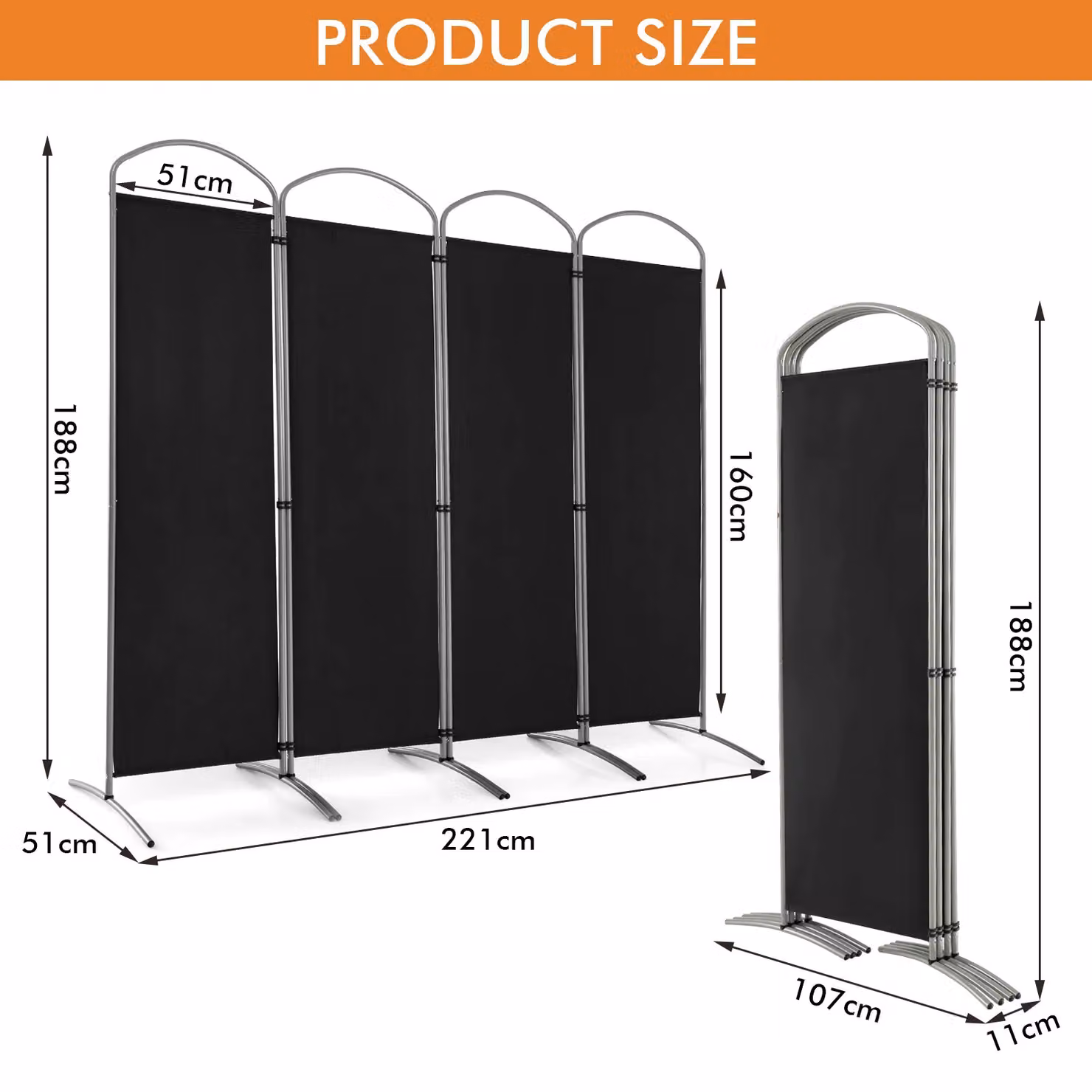 Costway 4 Panel Folding Privacy Screen Room Divider in Black, Height: 188 cm – 2