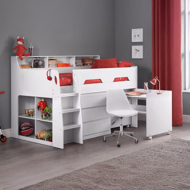 Julian Bowen Jupiter White Mid Sleeper Cabin Bed with Stairs and Drawers