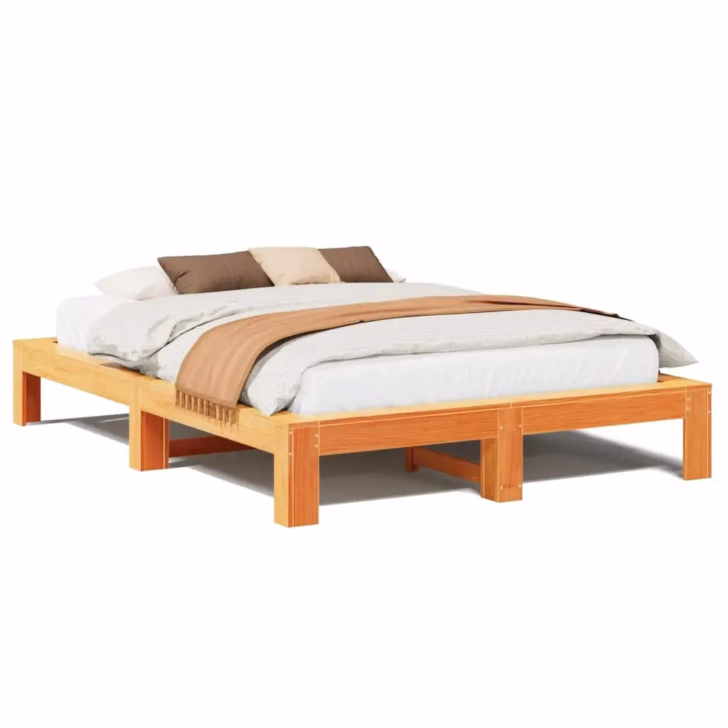 Berkfield Home Solid Wood Pine Bed Frame in Waxed Brown, W/D/H: 140 x 190 cm – 2