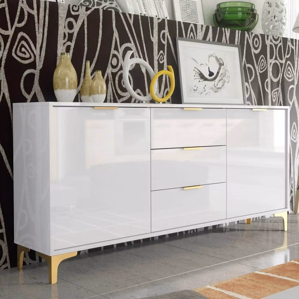FORGEVIO Modern Glossy White and Gold TV Unit Sideboard Cabinet – 2