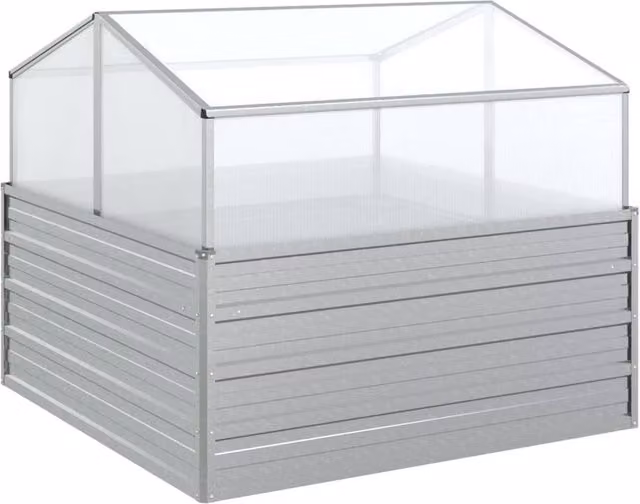 Berkfield Home Garden Silver Galvanised Steel Raised Bed with Greenhouse, W/D/H: 100 x 100 x 85 cm