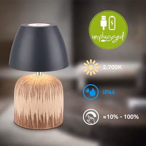 Briloner Rechargeable LED Table Lamp with Touch Dimming, Ceramic and Wood Base, IP44 Outdoor Rated, Anthracite-Wood, W/D/H: 13.5 x 13.5 x 22 cm – 7