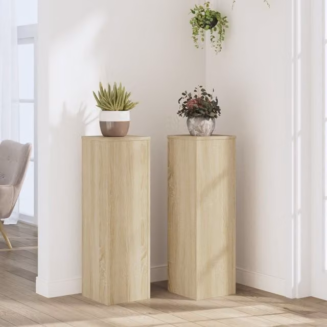 Berkfield Home Set of 2 Modern Sonoma Oak Plant Stands in Brown, W/D/H: 25 x 25 x 80 cm