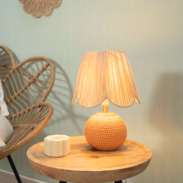 ValueLights Sebby Pair of Peach Ceramic Globe Textured Table Lamps with Beige Rattan Shades and LED Bulbs – 1