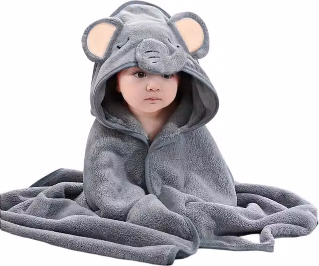 Dyzi Fluffy Microfibre Baby Hooded Bath Towel in White and Grey