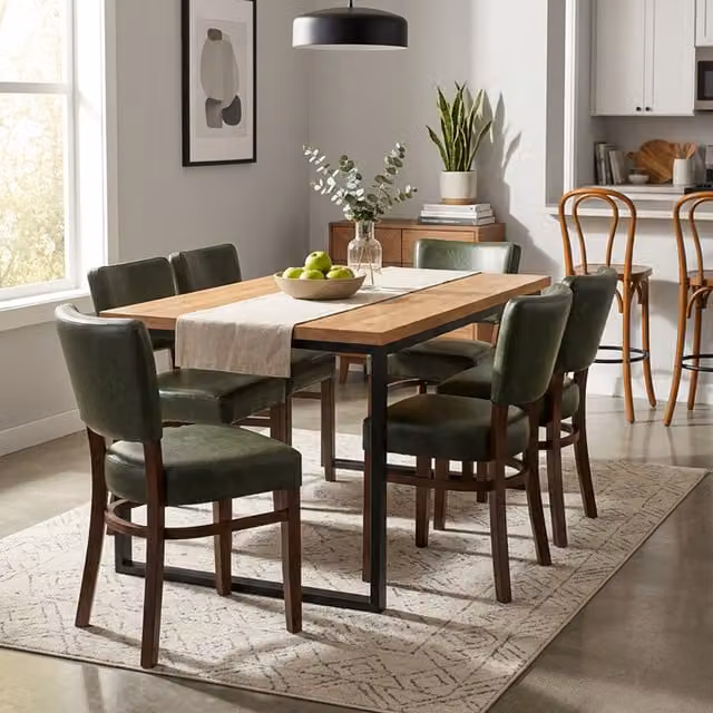 FDS Pair of Modern Wood Dining Chairs in Brown and Green with Synthetic Leather