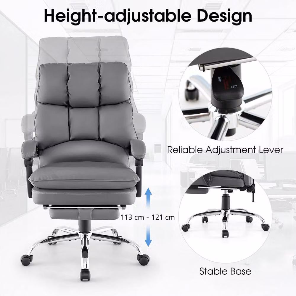 Costway Modern Grey Synthetic Leather Office Chair with Retractable Footrest and Headrest – 6