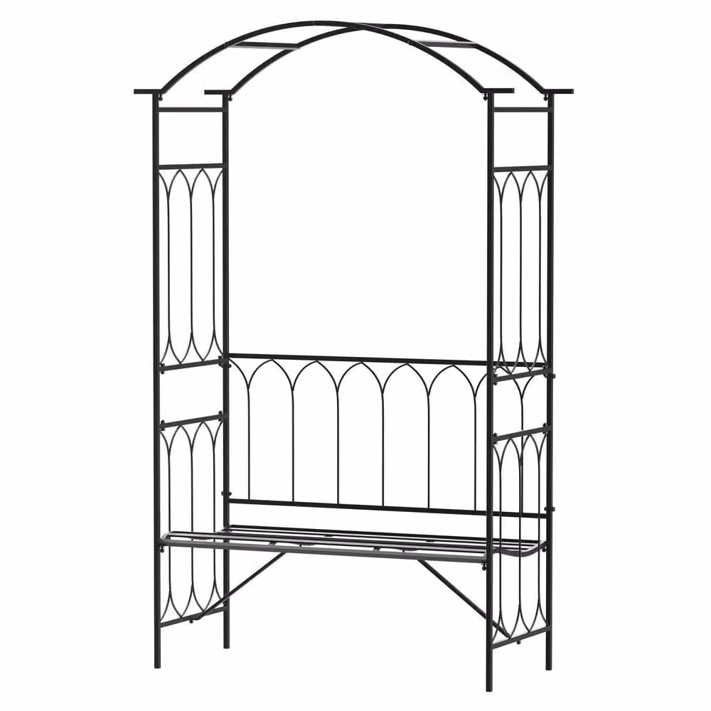 Wyld Haus Moretta Black Metal Garden Bench with Arched Trellis Frame, W/D/H: 115 x 50 x 203 cm – 2
