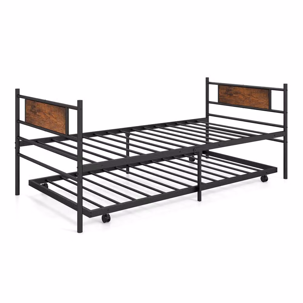 Costway Metal Daybed with Pull-out Trundle Single Sofa Guest Bed with Headboard in Brown – 2