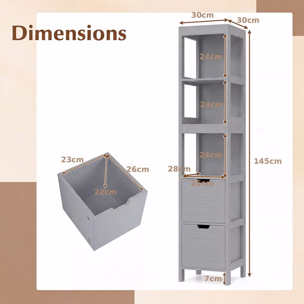 Costway Grey Narrow Bathroom Floor Storage Cabinet with 2 Drawers and 3 Shelves, W/D/H: 30 x 30 x 144.5 cm – 2
