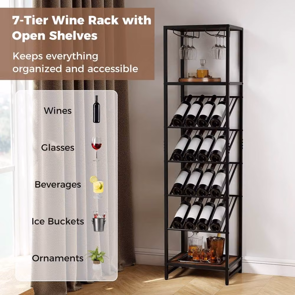 Gymax 7-Tier Freestanding Wine Rack and Liquor Storage Stand with Glass Holder in Brown – 7