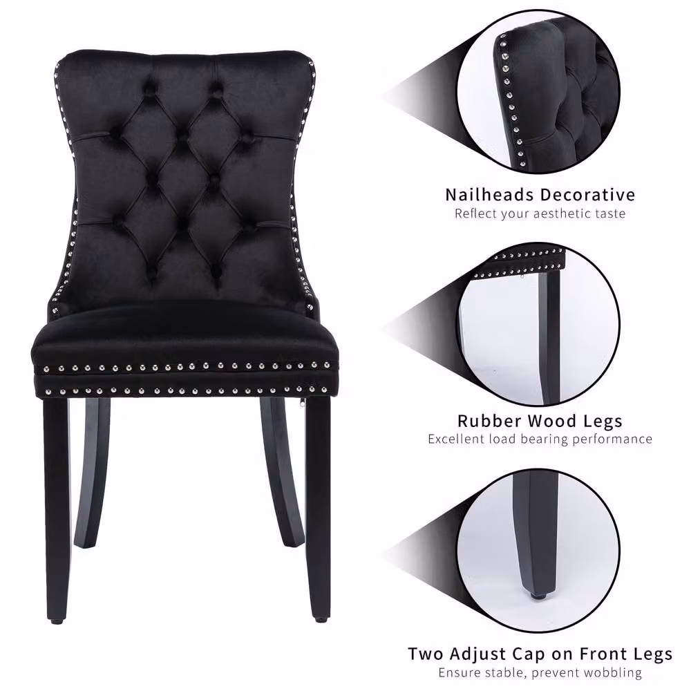 Modern Home Touch Romsey Set of 4 Black Velvet Upholstered Dining Chairs with Oak Legs and Knocker Ring Back – 2