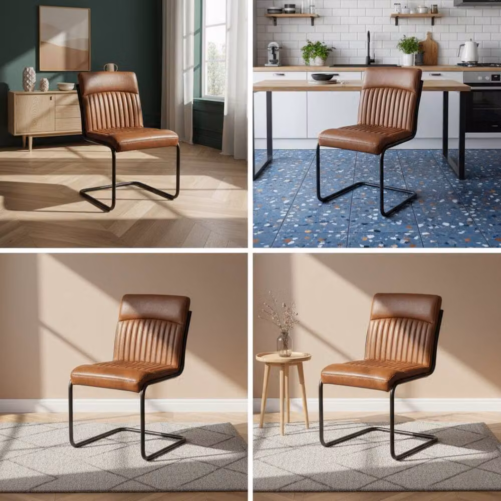 IH Design Set of 2 Modern Brown Leather Dining Chairs with Cantilever Metal Base – 5