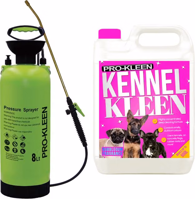 Pro-Kleen 8L Pump Sprayer with 5L Kennel Kleen 3 in Disinfectant Cleaner in Pink and Green