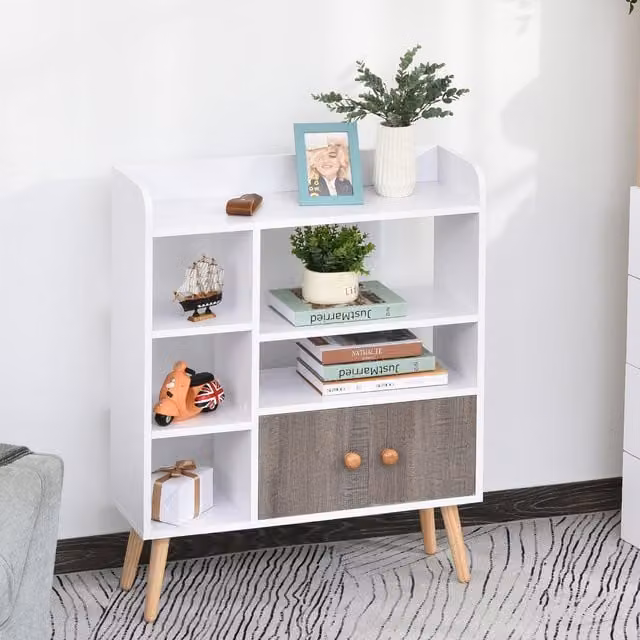 HOMCOM Mid-Century Multi Shelf Bookcase with Cabinet Shelves in White