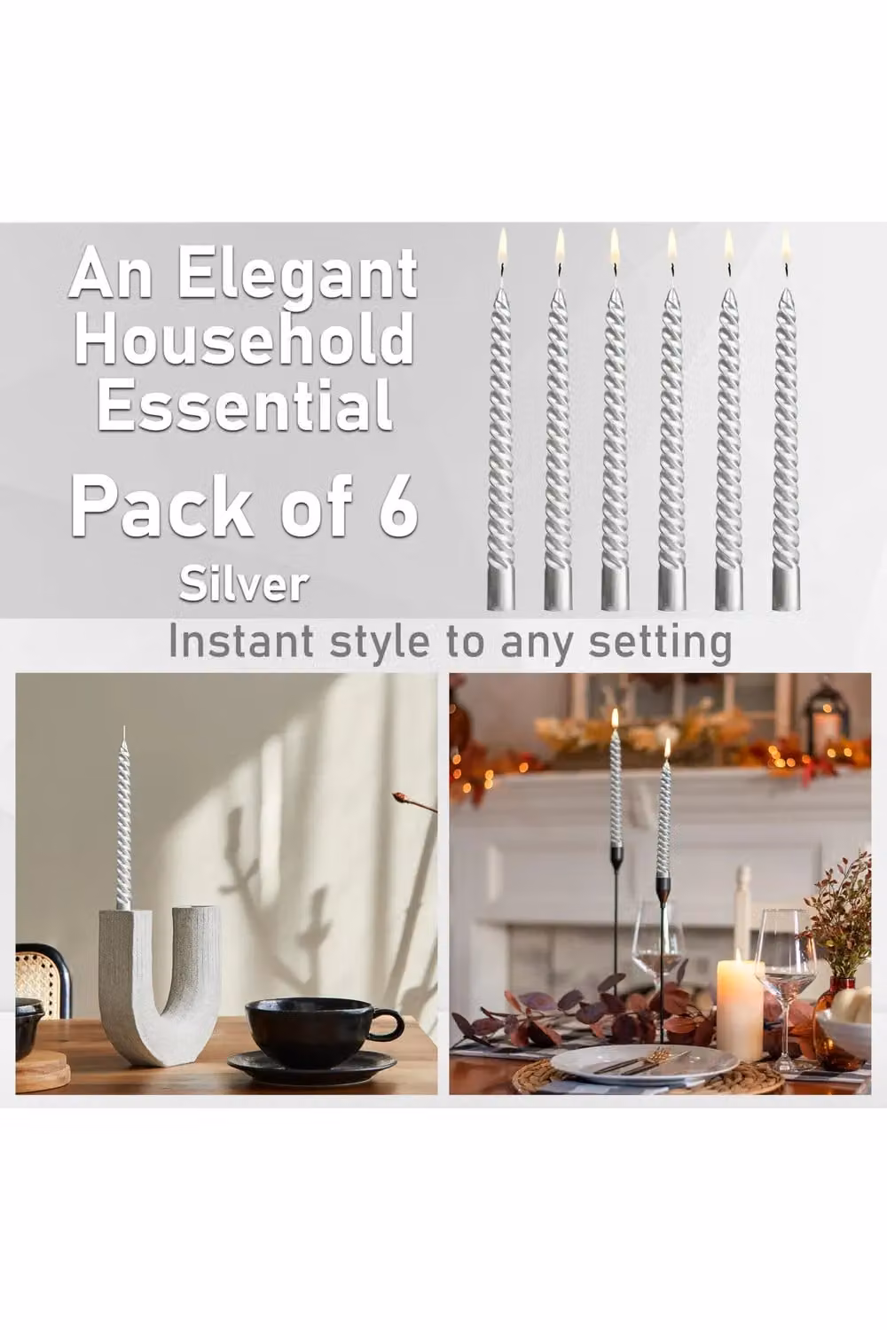 Deco Express Non-Drip Twisted Unscented Dinner Candles, Metallic Silver, Pack of 6 – 3