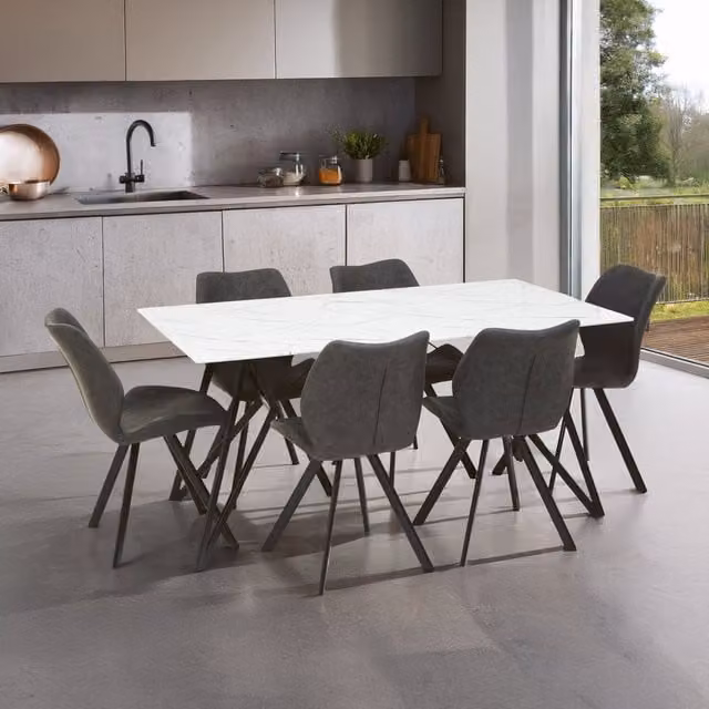 Interiors by Premier Modern Rectangular Glass Dining Set with 7 Chairs in White and Grey