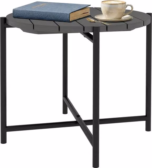 Outsunny Round Garden Table with Slatted Wood Top and Powder Coated Steel Legs, Grey, Diameter: 54 cm