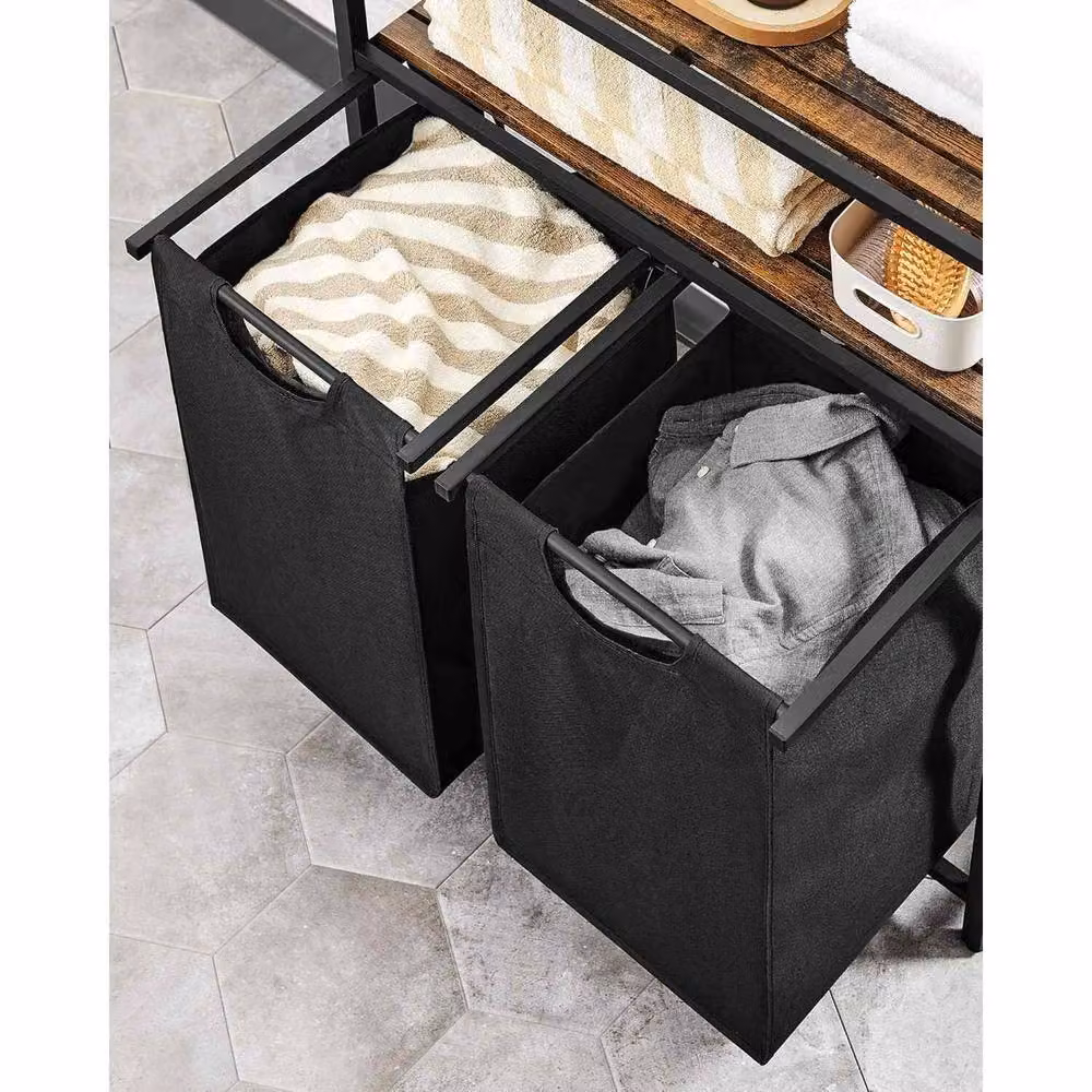 The Bazaarist Double Laundry Hamper with Pull Out Removable Bags and Shelves, Brown and Black – 5