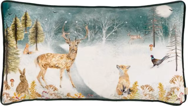 Make it a Home Stag Winter Velvet Piped Rectangular Cushion in Multicolour and Green with Feather Filling