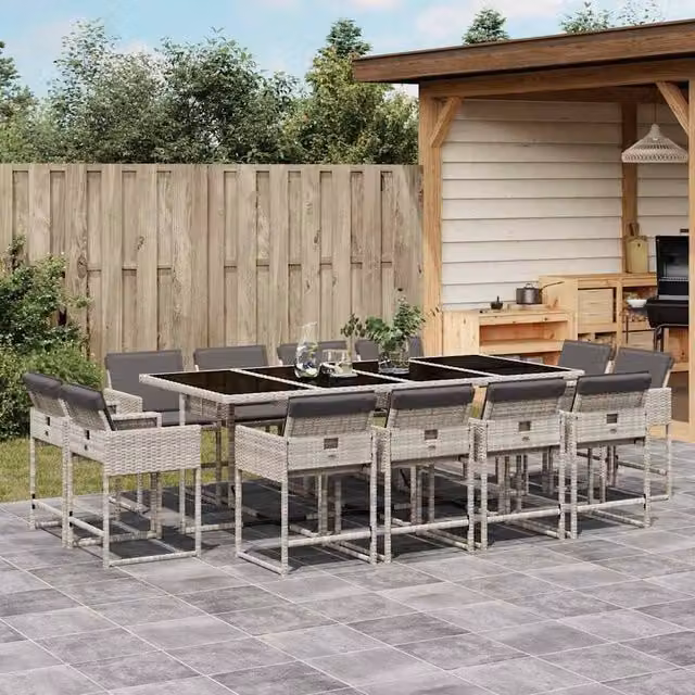 Berkfield Home 13 Piece Modern Garden Dining Set with Light Grey Poly Rattan and Glass Tabletop