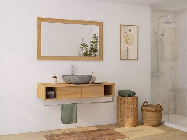 Vente-unique Kupang Suspended Teak Vanity Unit with Towel Rail in Light Oak, Width: 120 cm