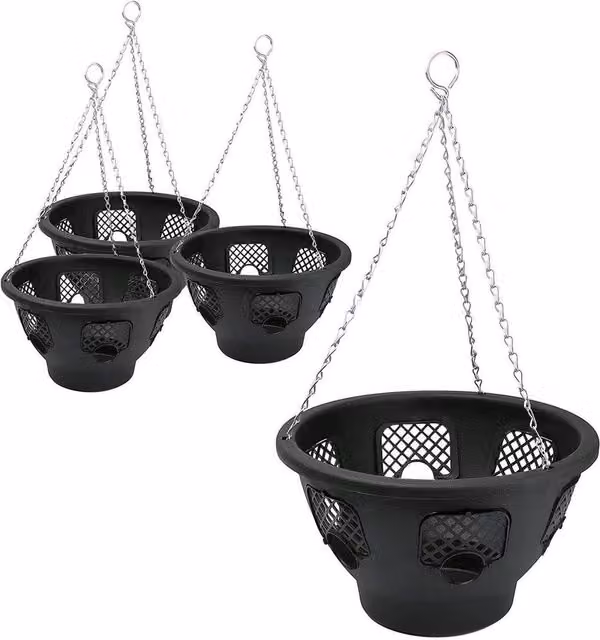 FLAVORA Set of 4 Black Plastic and Metal Hanging Baskets, Diameter: 30.48 cm