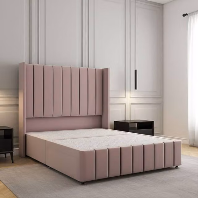 Regional Furnishings Pink Velvet Upholstered Single Divan Bed with 54 inch Headboard and 12 inch Footboard, W/D/H: 90 x 200 x 30.48 cm