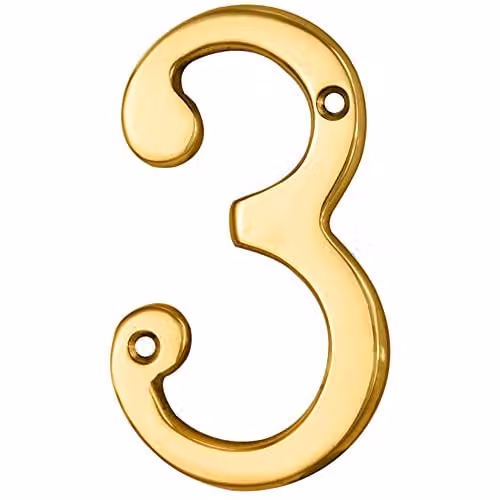 Loops Polished Brass House Numeral Plaque, Gold, Height: 75 mm, Depth: 4.2 mm