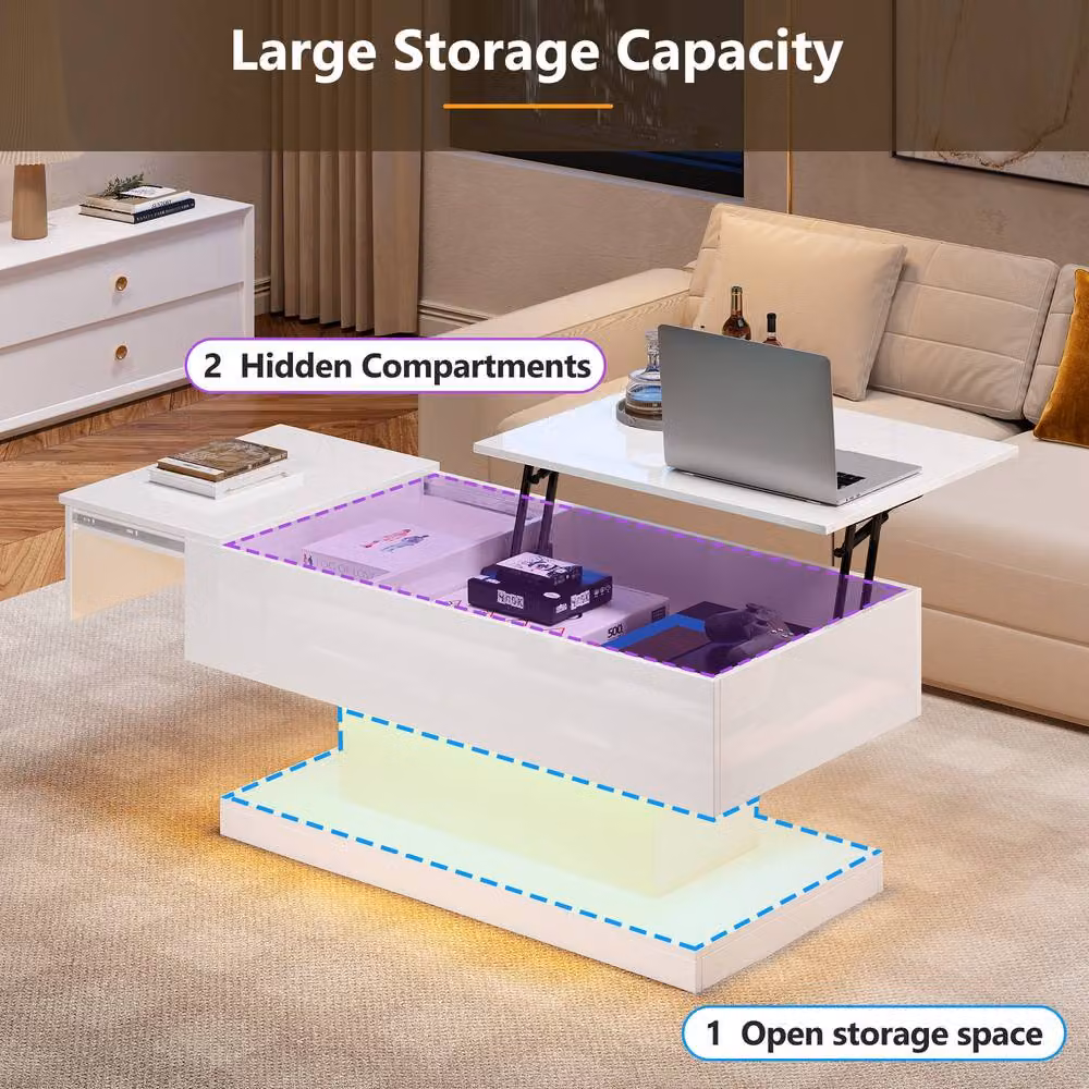 ModernLuxe High Gloss White Extendable Coffee Table with Lift Up Storage – 2