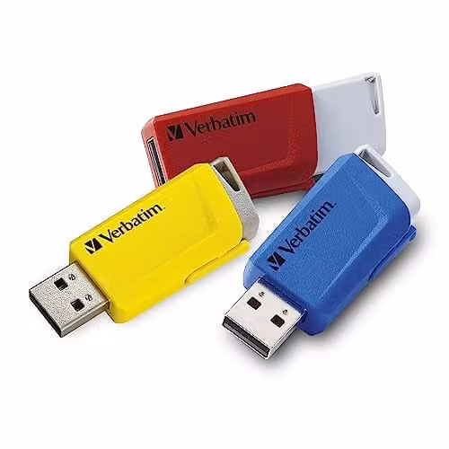 Verbatim Store 'n' Click USB 3.2 Gen1 Flash Drive, 16GB, Red, Blue and Yellow – 1