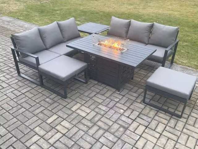 Fimous Aluminium Outdoor Lounge Sofa Garden Furniture Set with Gas Fire Pit Dining Table, 2 Big Footstools and Side Table in Dark Grey
