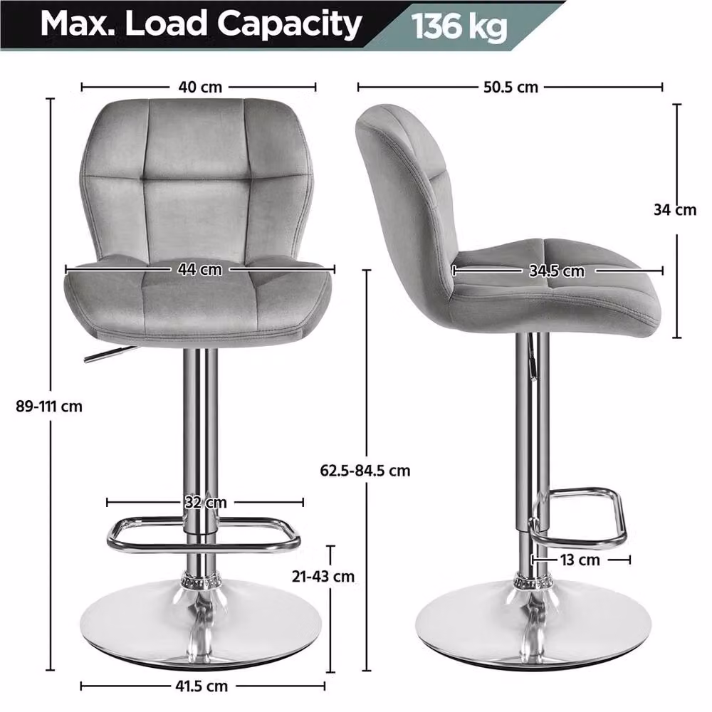 VOGREX Set of 2 Grey Velvet Swivel Bar Stools with Backrest – 2