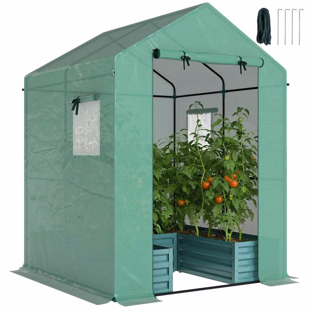 OUTSUNNY Small Green Outdoor Greenhouse with Roll Up Door and Raised Bed, W/D/H: 141 x 190 x 190 cm – 2